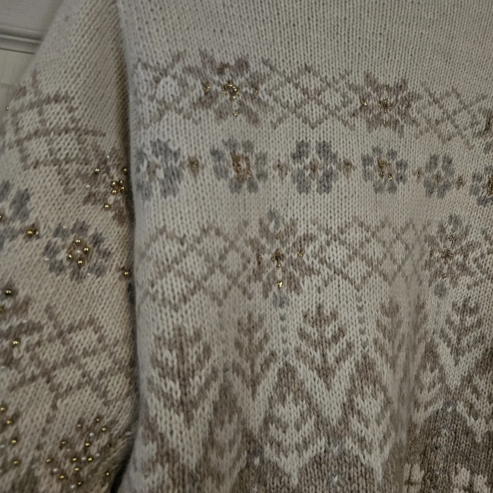 Marisa Christina Vintage Fair Isle Beaded Cable Knit Chunky Button Down Cardigan